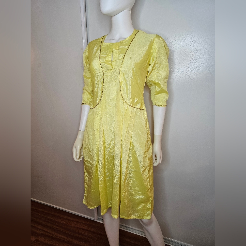 VTG Elegant Yellow And Gold Trim Puff Sleeve Dress Size S